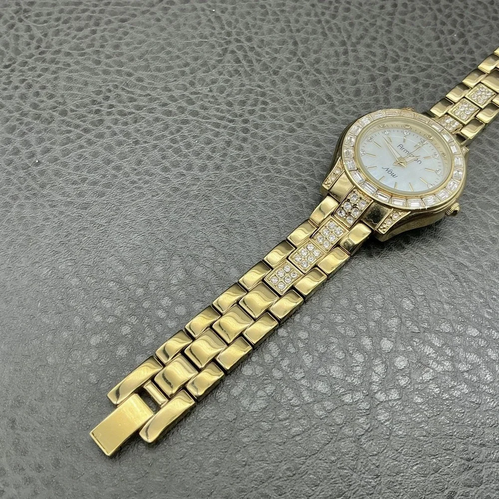 Armitron Now Watch Womens Gold Tone Crystal Bezel Bracelet Quartz NEW BATTERY